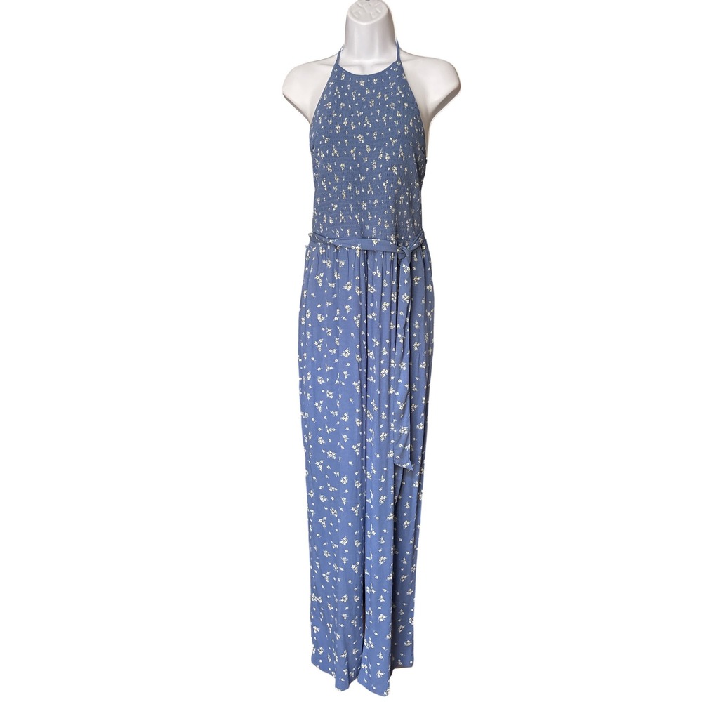 NWT American Eagle Bella Smocked Jumpsuit Sz XL Blue Floral Cottagecore - Picture 3 of 7
